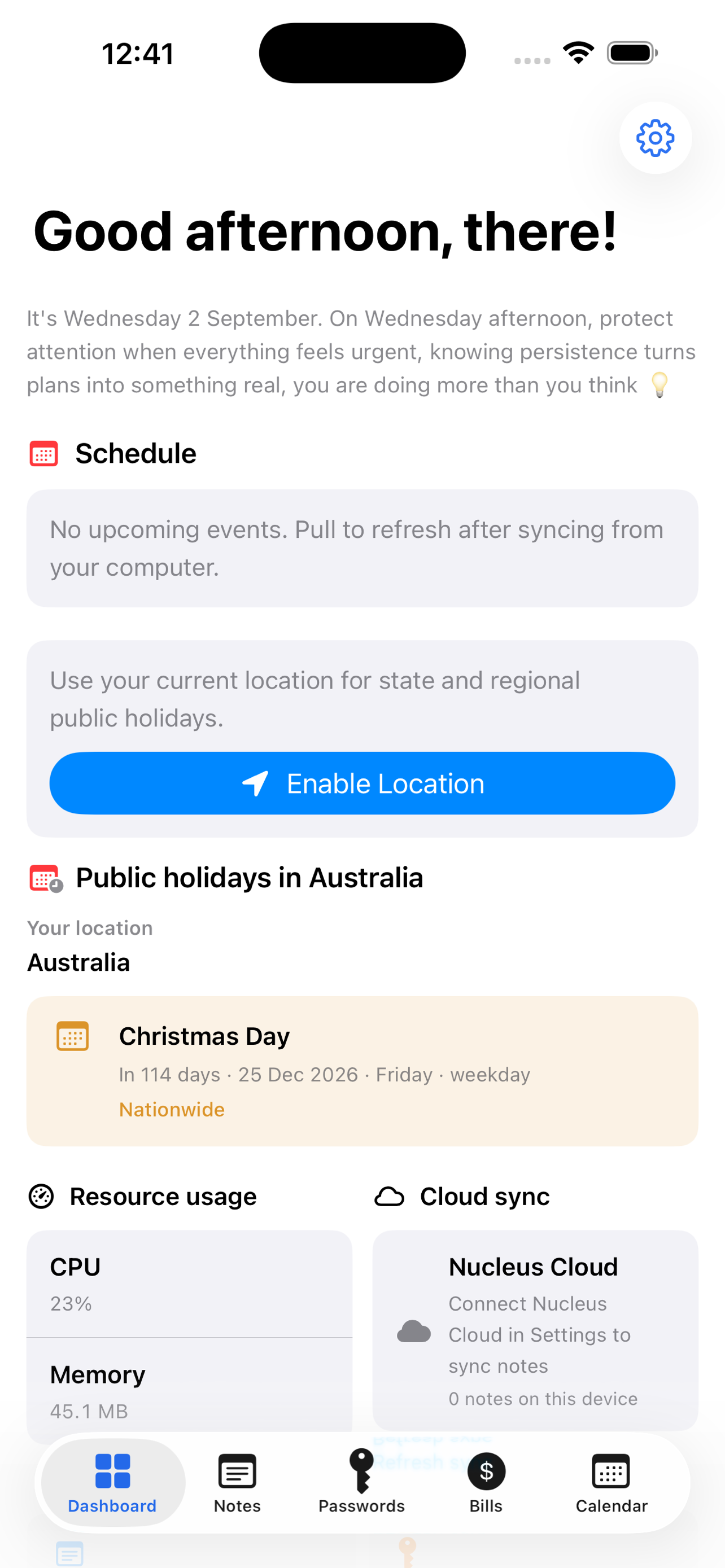 Nucleus dashboard on iPhone