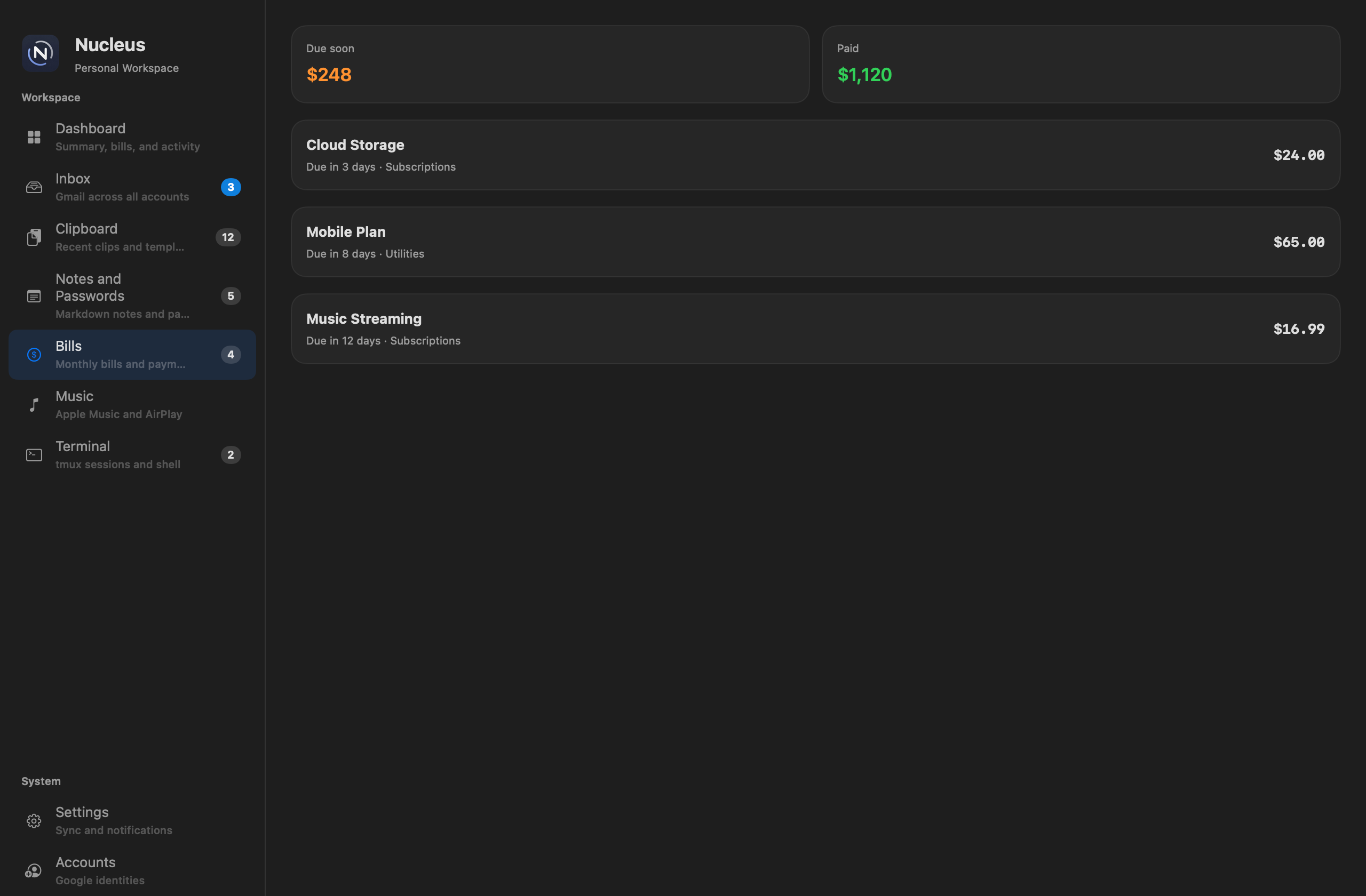 Nucleus Bills workspace with due-soon totals and recurring bill rows