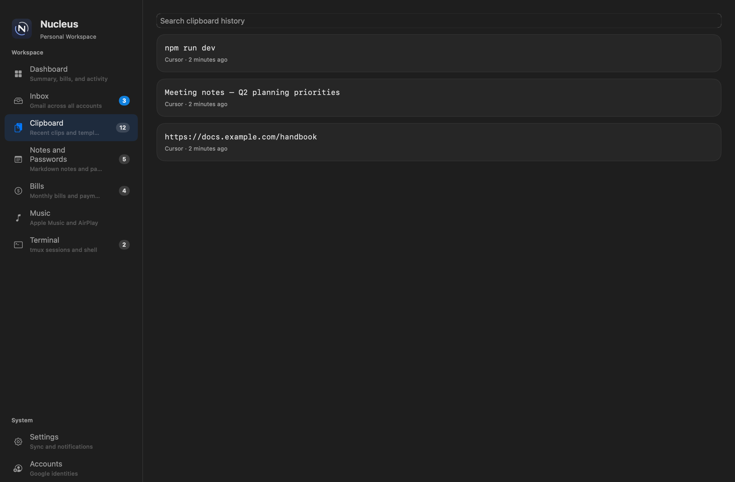 Nucleus Clipboard history with search and recent captures