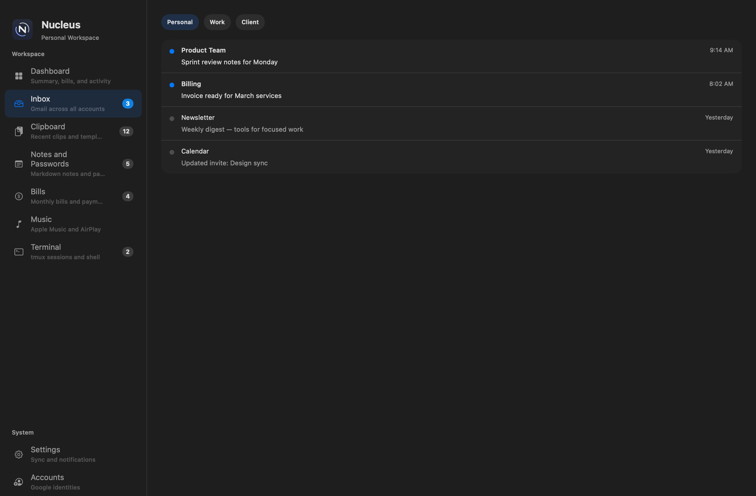 Nucleus Inbox with Personal, Work, and Client account tabs