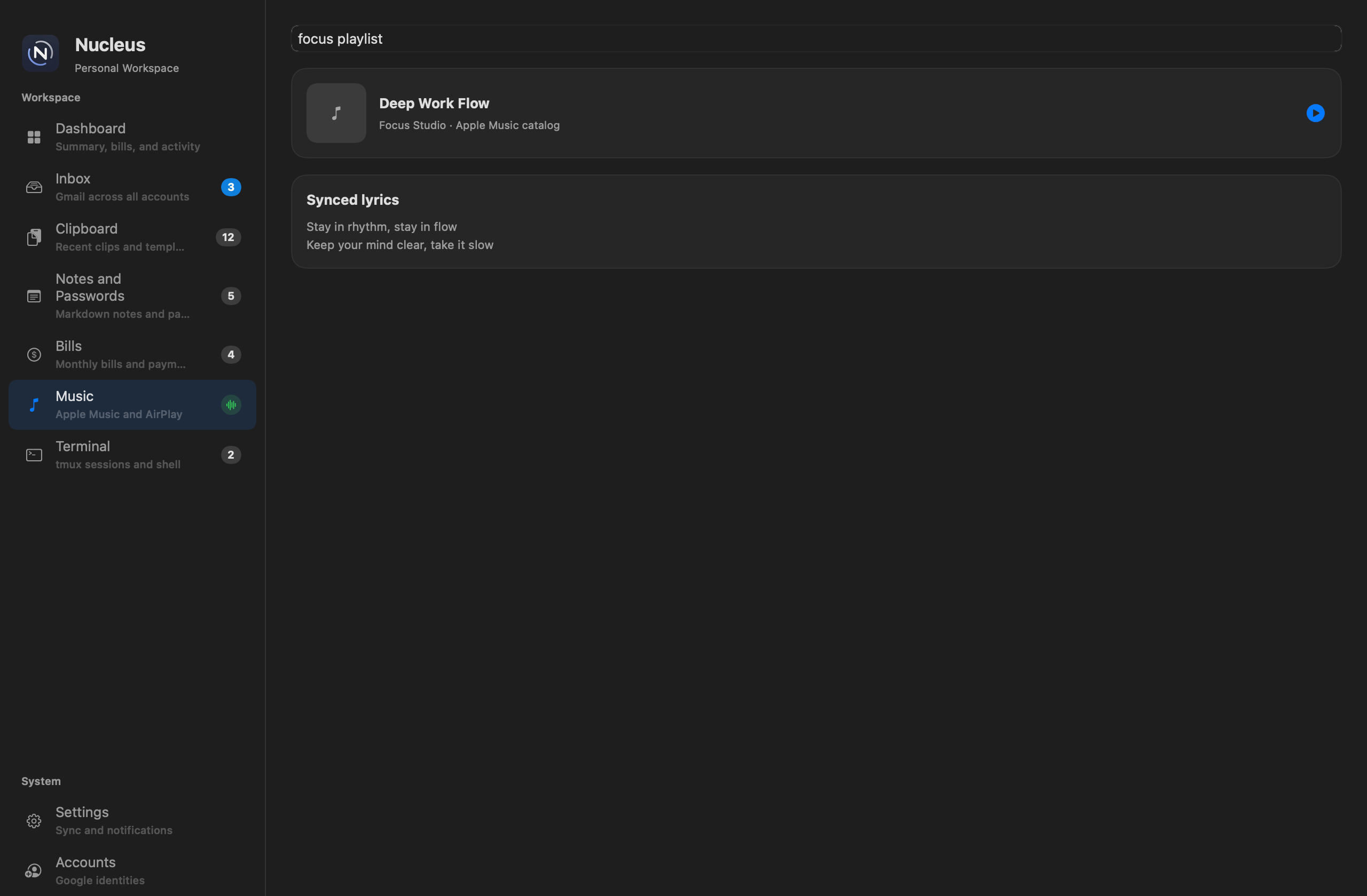 Nucleus Music workspace with Apple Music search and synced lyrics