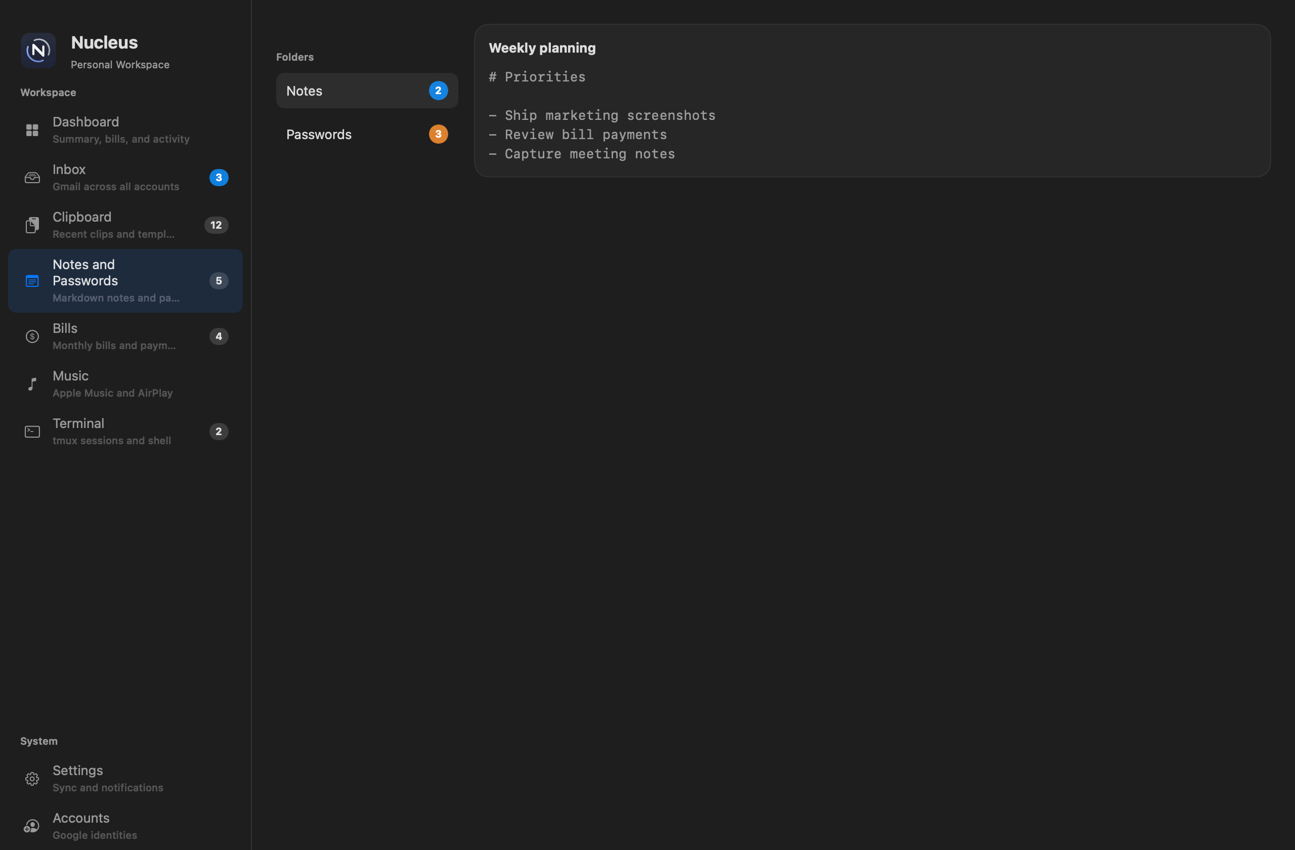 Nucleus Notes and password vault with folders and markdown editor