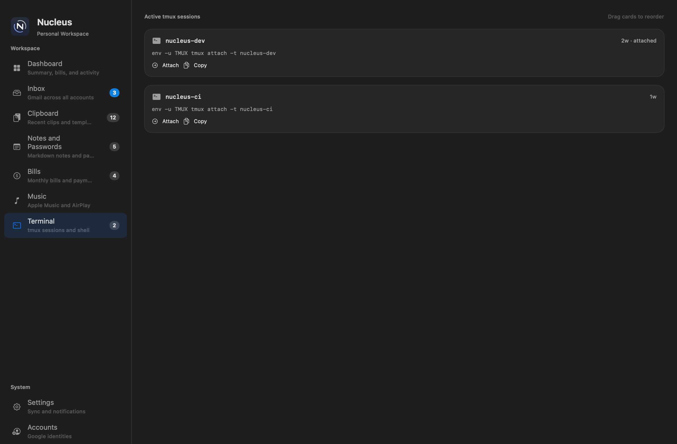 Nucleus Terminal workspace with draggable tmux session cards